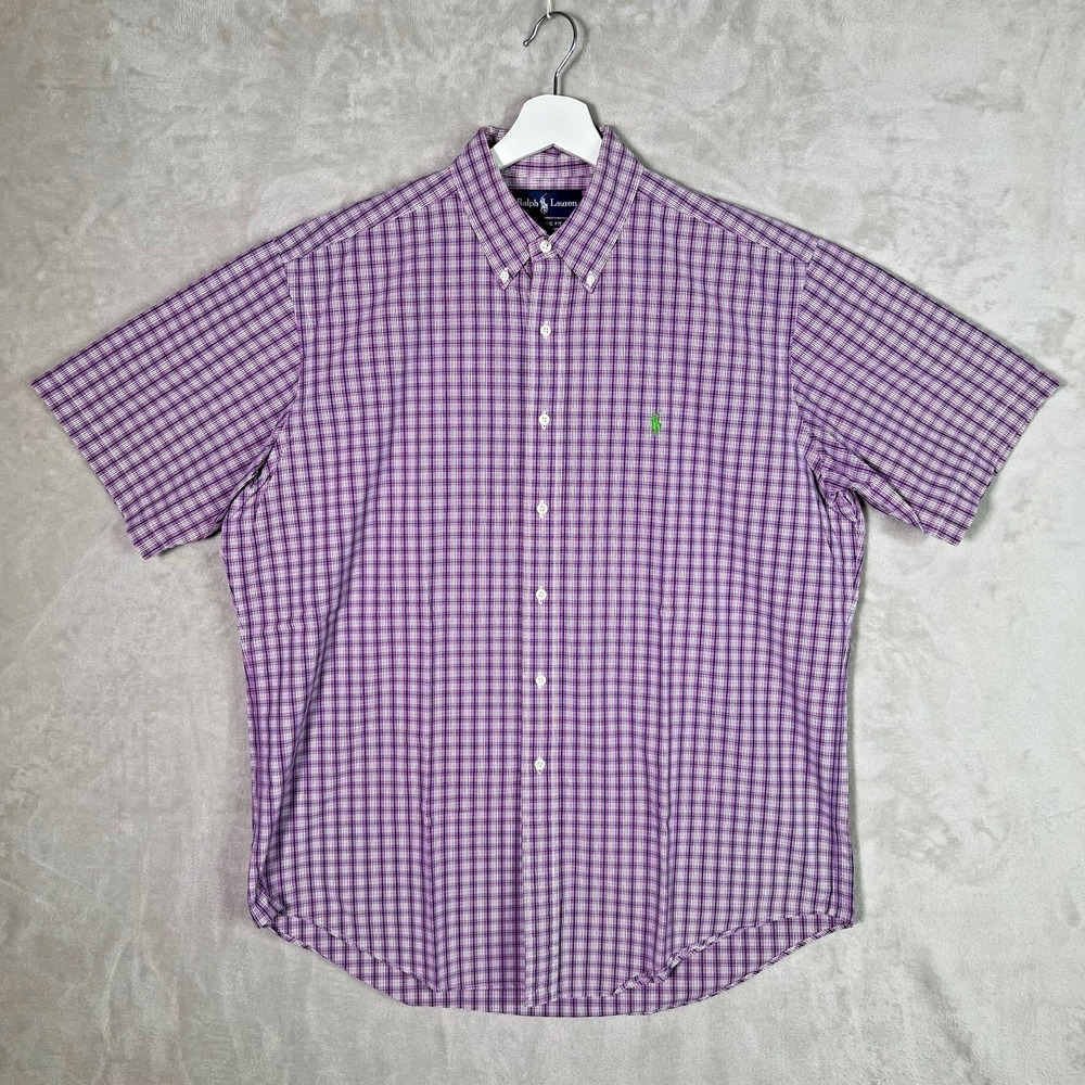 Ralph Lauren Shirt Men's Large Purple Tattersall Plaid Classic Fit Short Sleeve